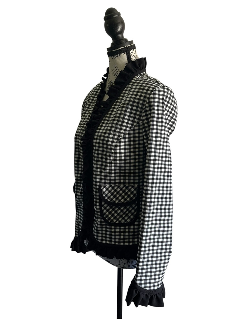 🇨🇦 RIBKOFF Vintage Gingham Ruffle Trim Blazer Jacket Black White Romantic Goth - Picture 3 of 6